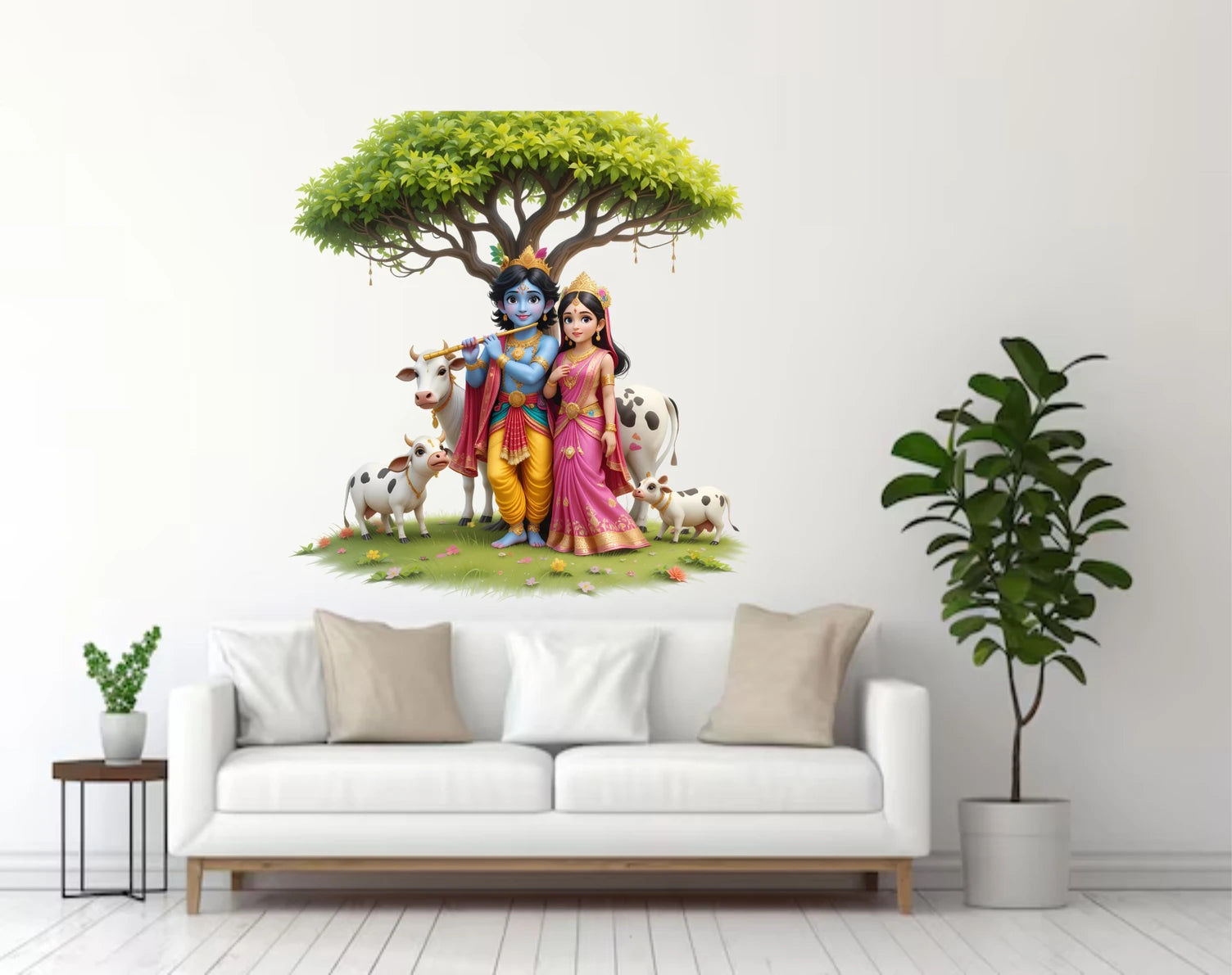 Wall mural of Lord Krishna and Radha in a living room with a white sofa and decorative plants.