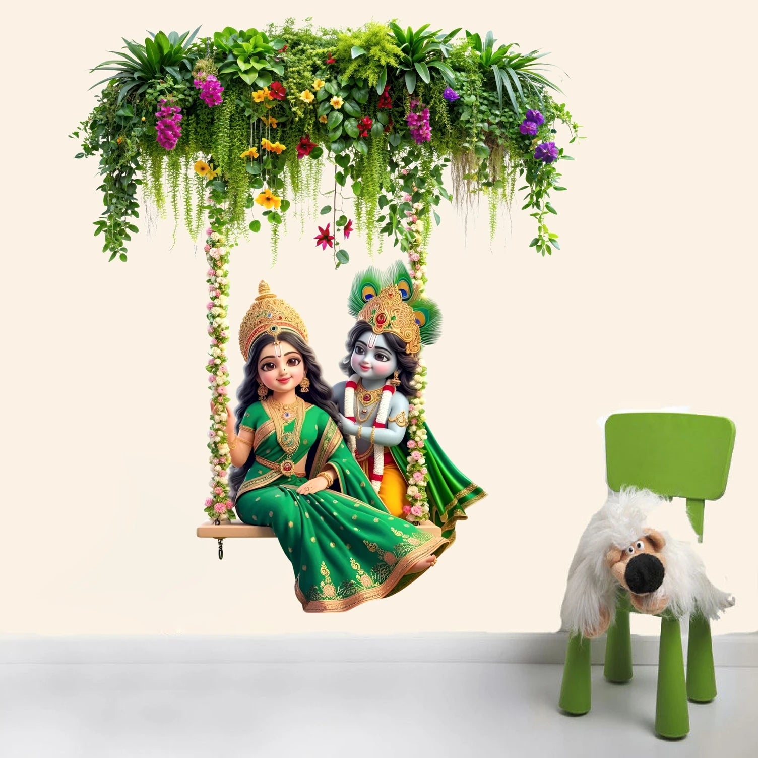 Decorative setup with Radha and Krishna on a swing under floral arches, accompanied by a green chair and white dog figurine.