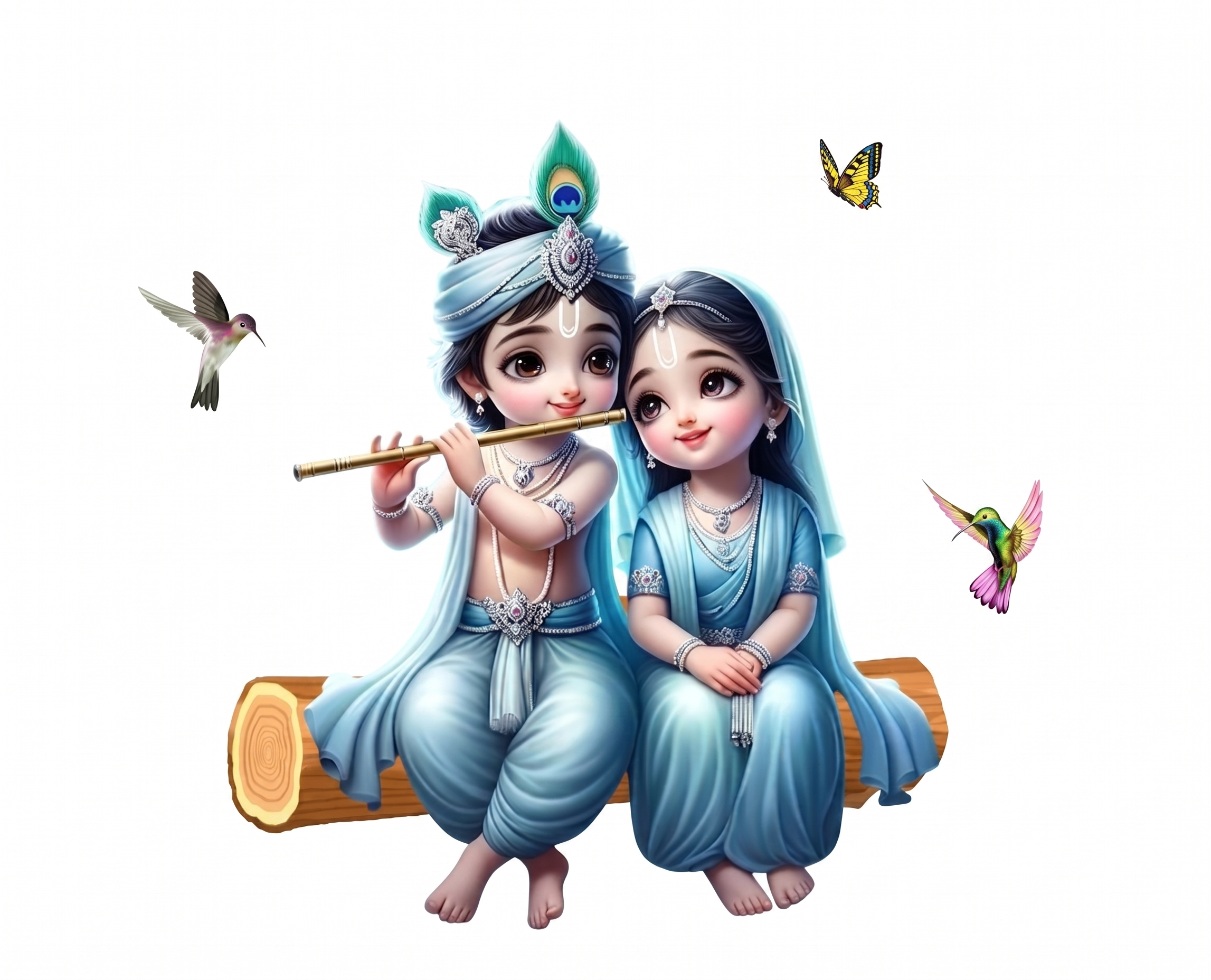 Cartoon depiction of Radha and Krishna in blue attire with birds and flowers on a white background