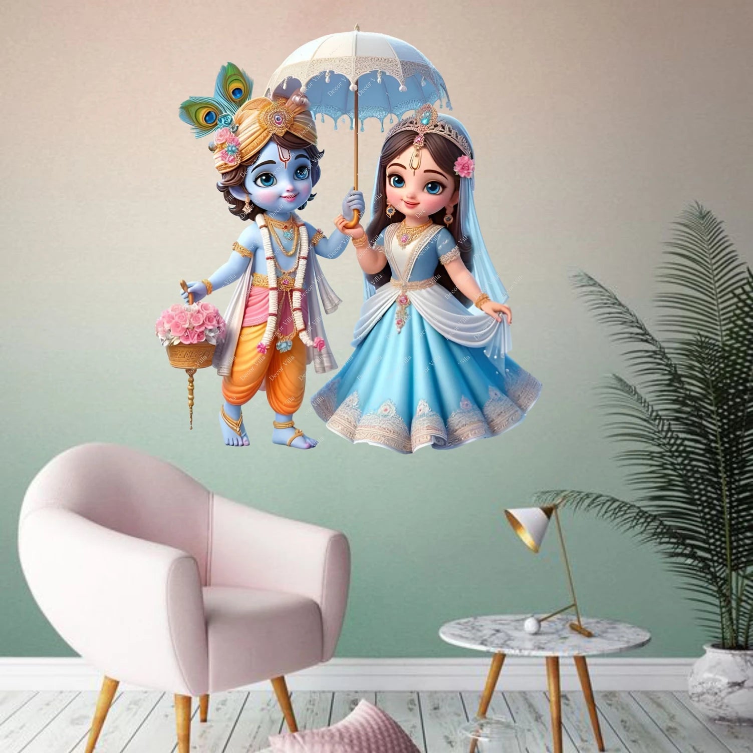 Cartoon Radha Krishna holding an umbrella in a room with a chair, table, and plant.