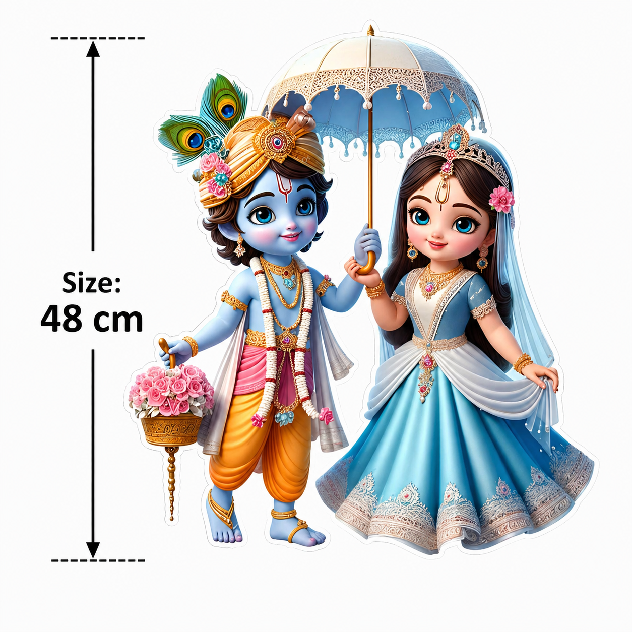 Animated Radha Krishna holding an umbrella with size measurement indicated.