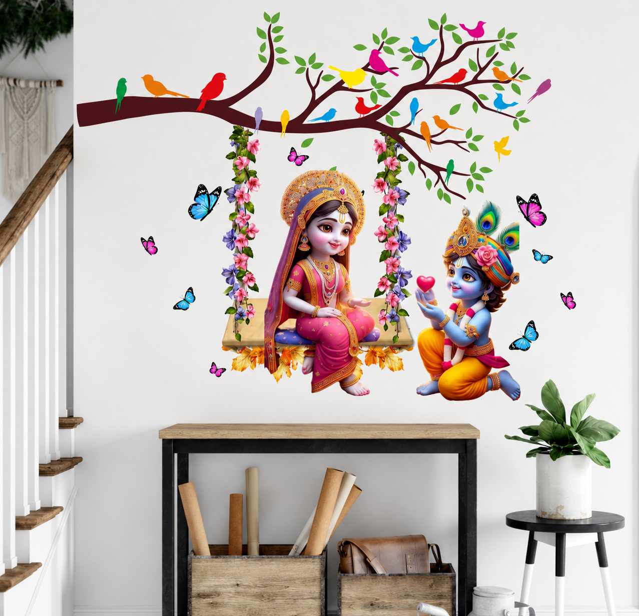 Wall decal of Radha Krishna  on a swing with colorful birds and butterflies, placed above a table.