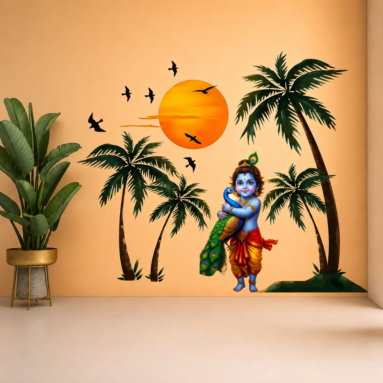 Wall decal of Krishna holding a peacock with palm trees and a sunset on an orange wall.