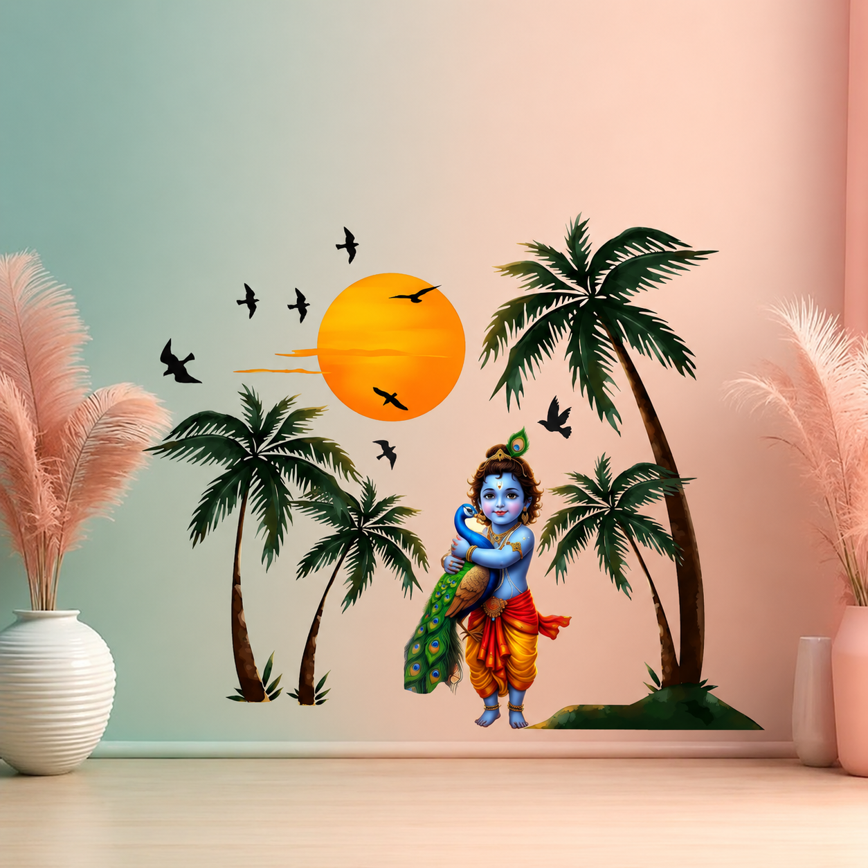 Wall decal of Krishna holding a peacock with palm trees and a sunset in the background.