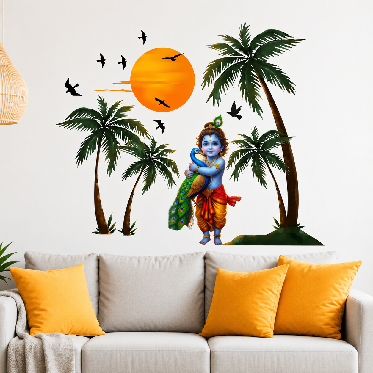 Wall decal of Krishna with palm trees and sunset on a white wall above a sofa.