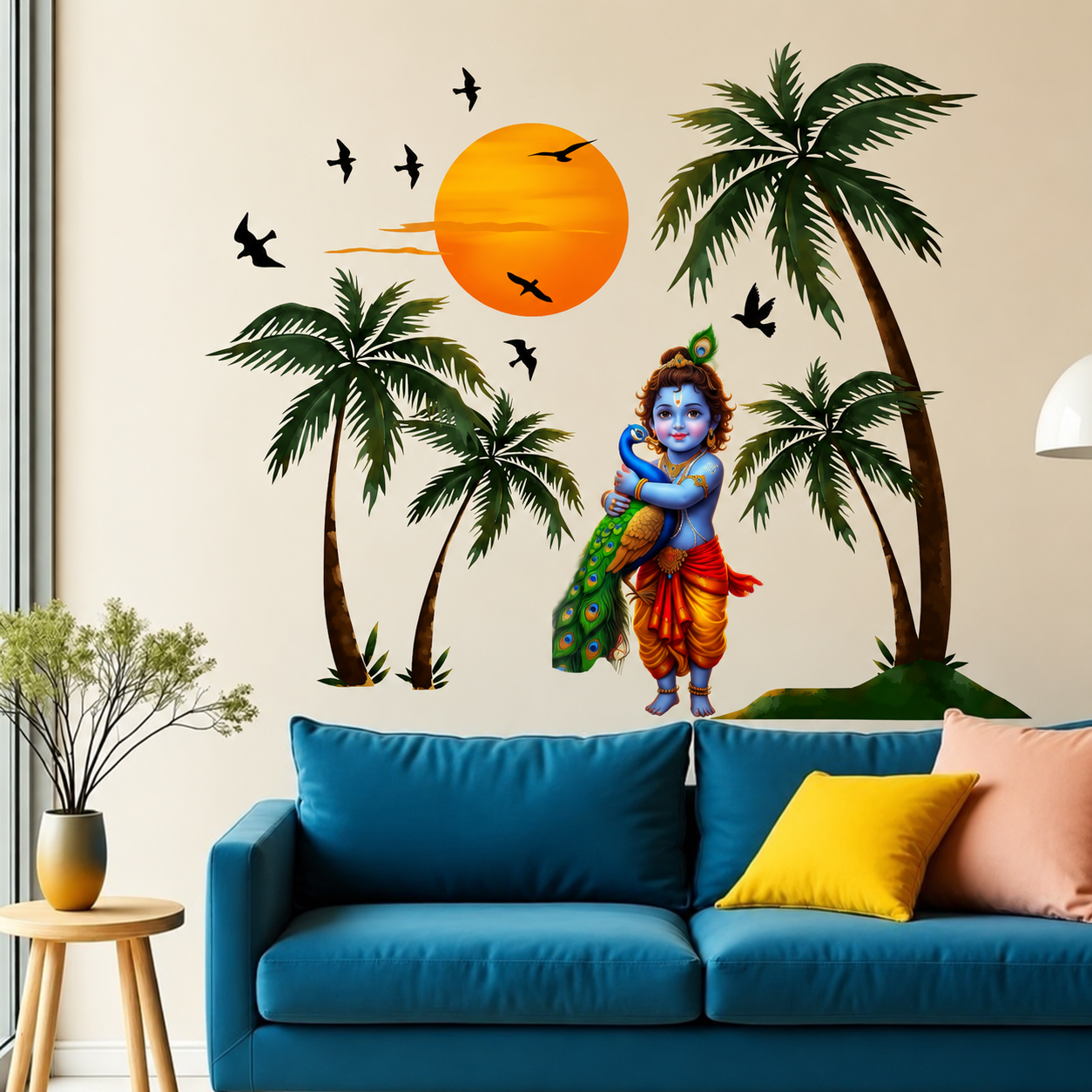 Wall decal of Krishna surrounded by palm trees and a sunset in a living room.
