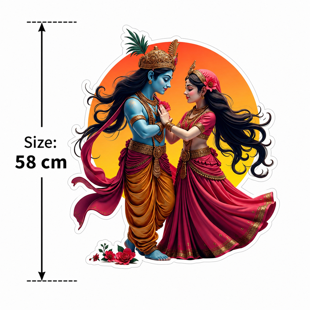 Illustration of Radha Krishna in traditional attire with a size measurement label on a white background