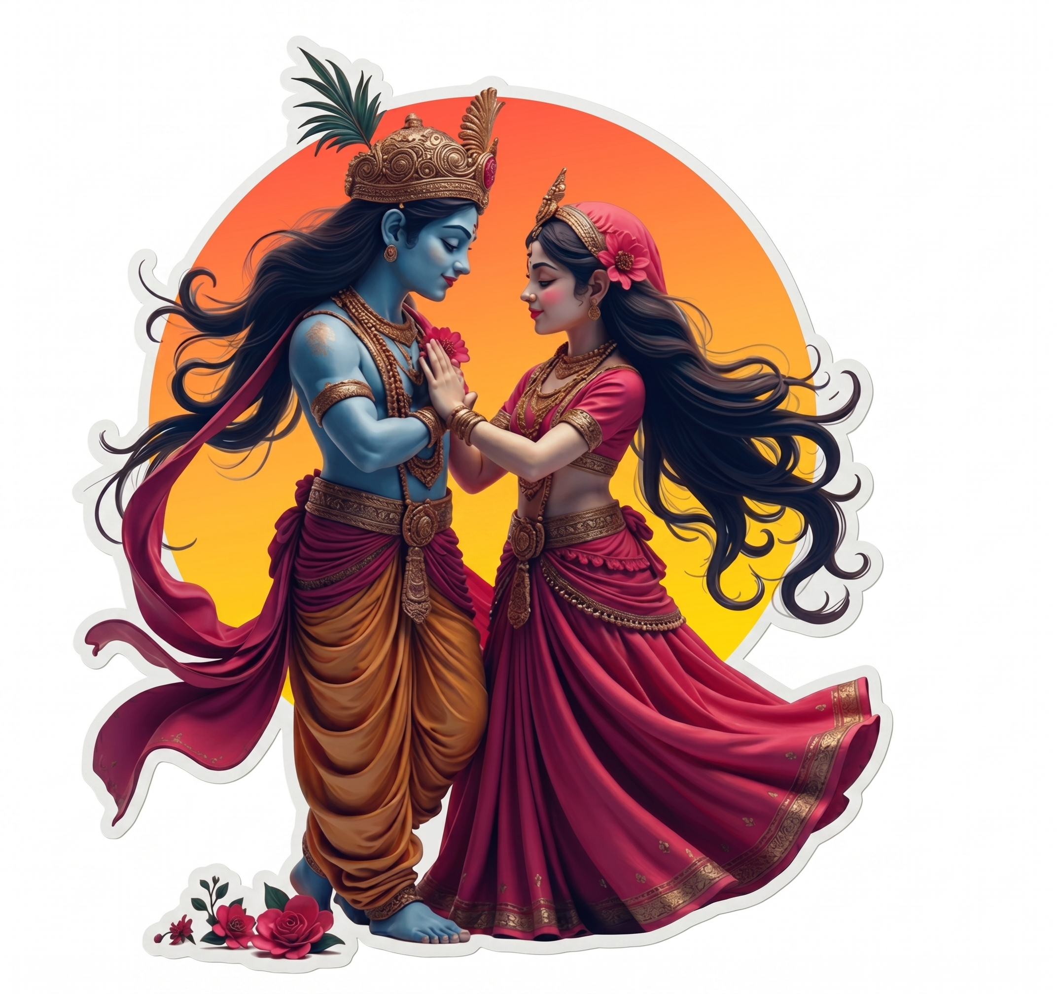 Illustration of Radha Krishna in traditional attire with an orange background