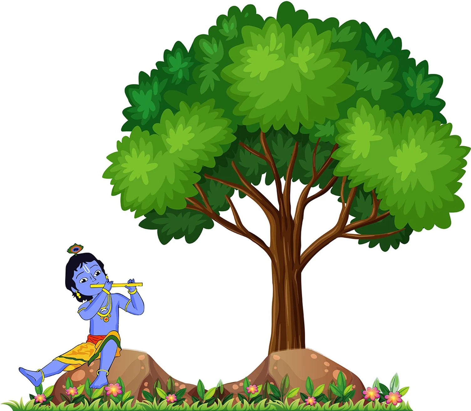 Krishna playing a flute next to a large tree on a white background