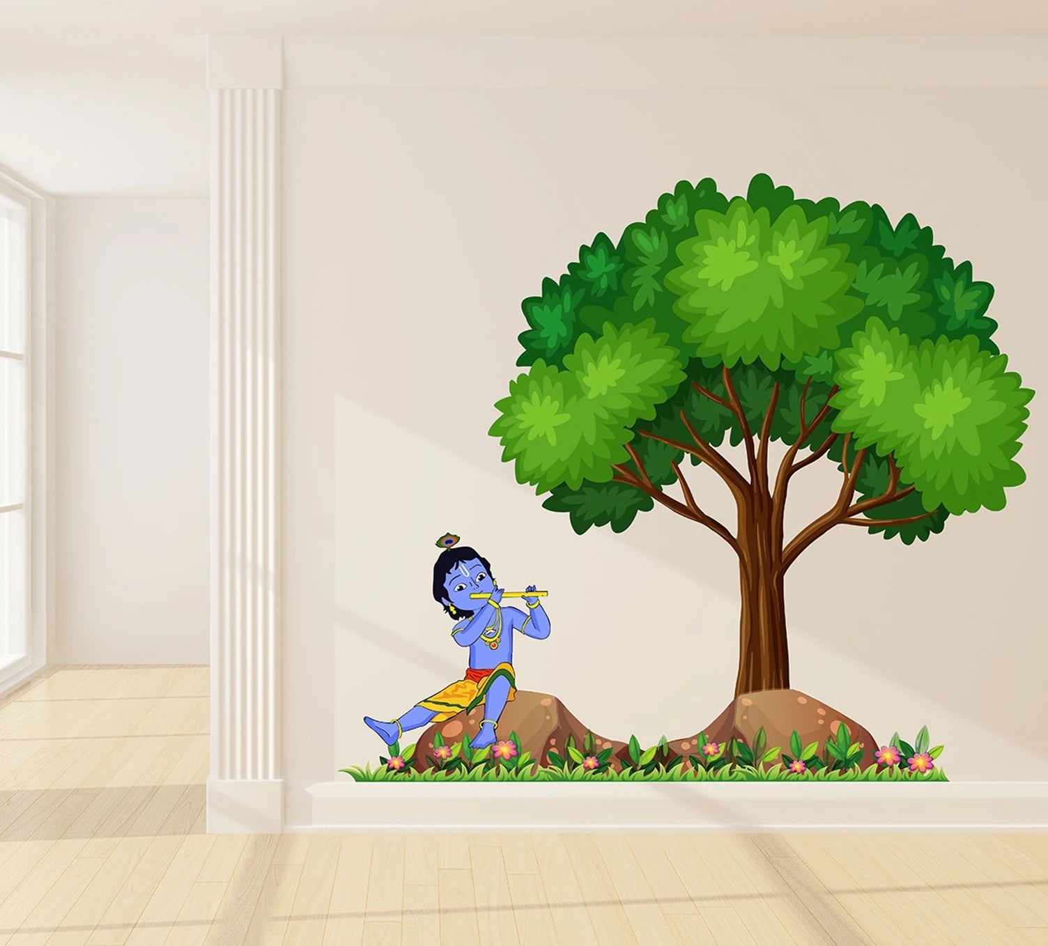Wall decal of Krishna playing a flute under a tree in a room with a window.