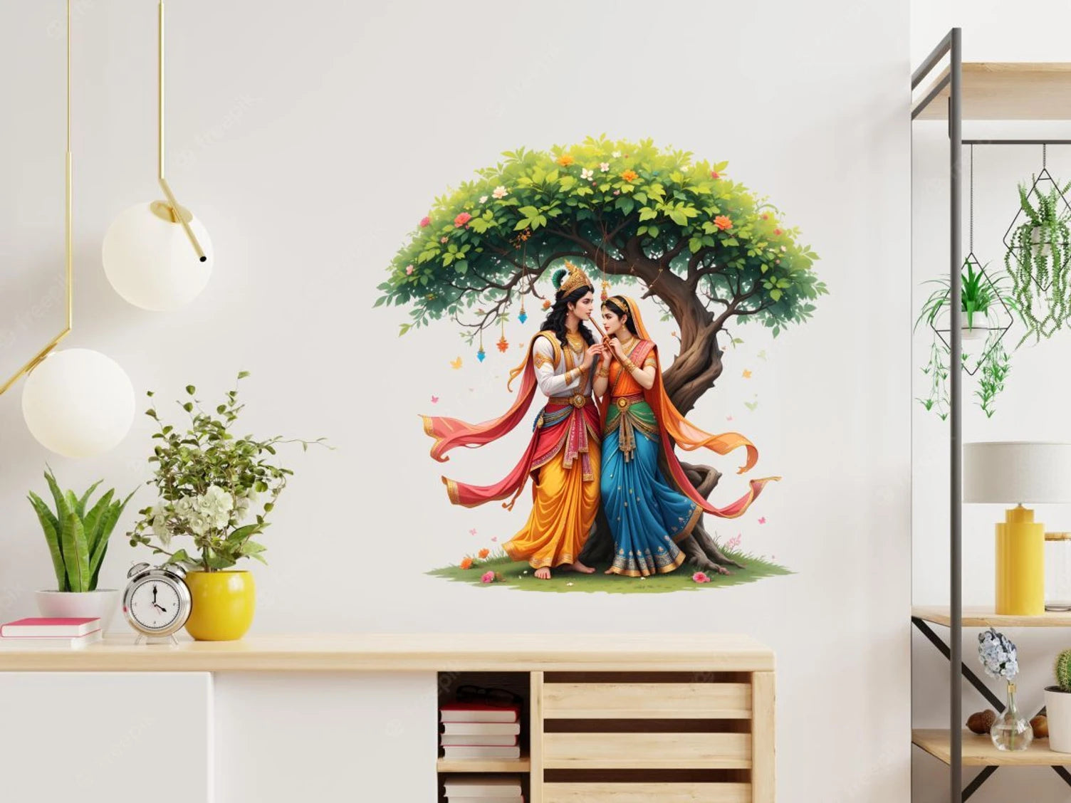 Wall decal of Radha Krishna under a tree in a room with decor elements.