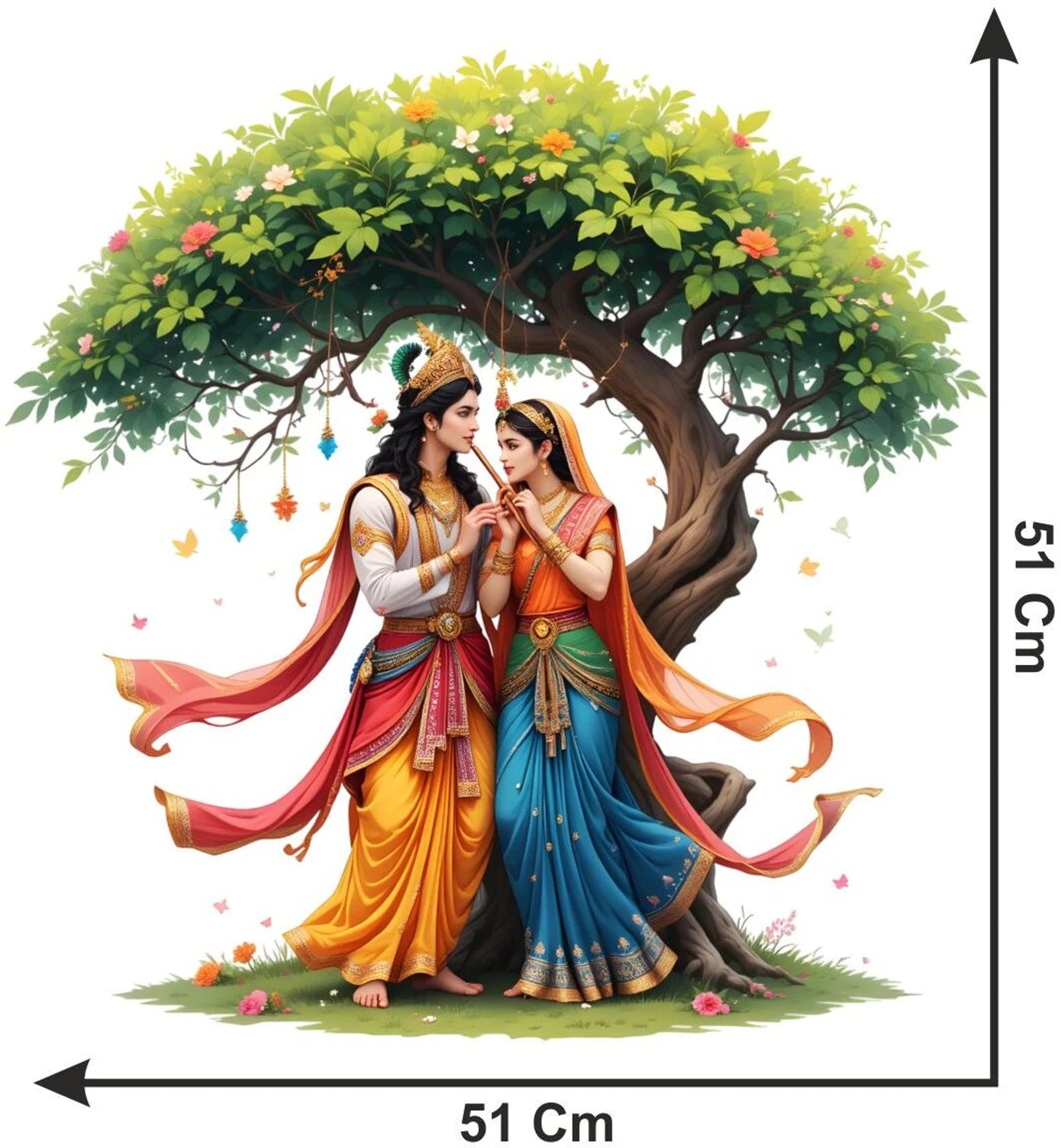 Radha Krishna  in traditional attire standing under a tree with measurement details.