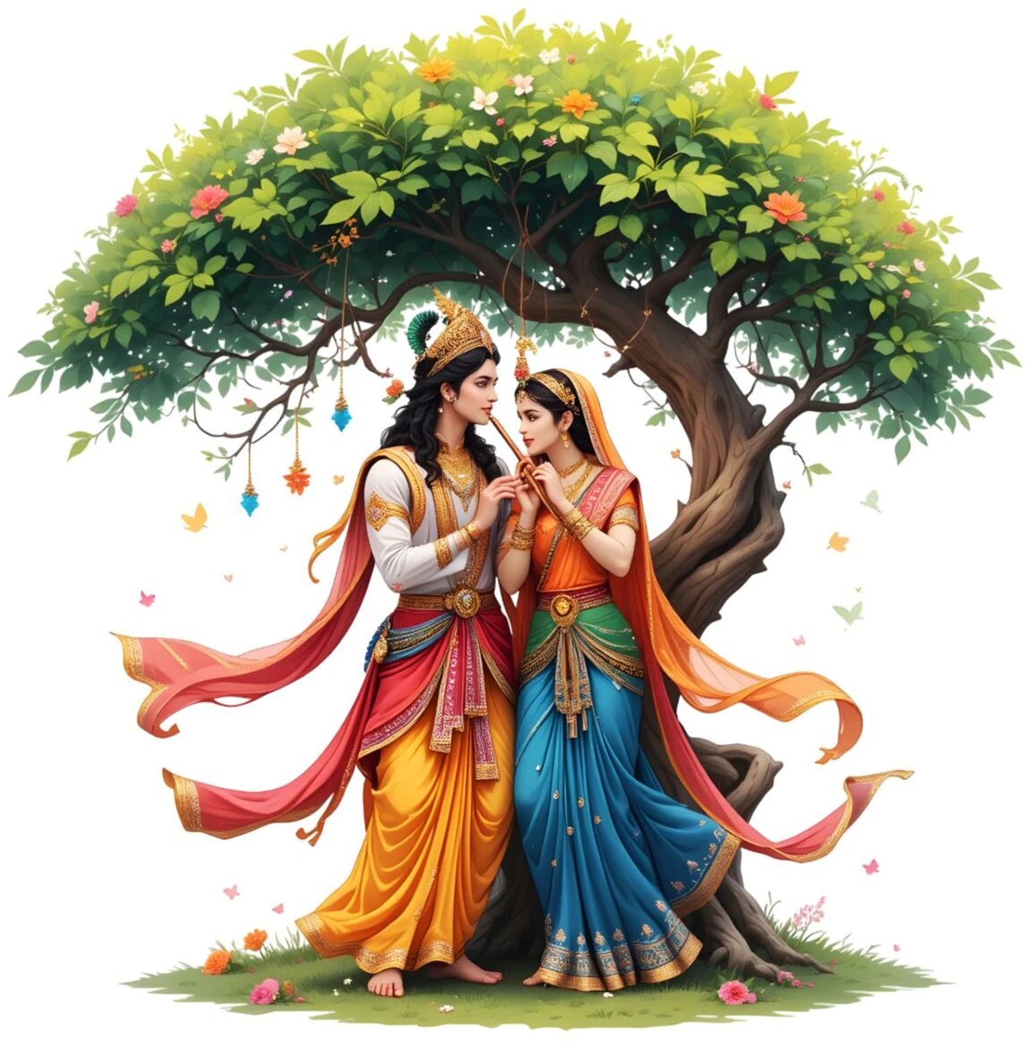 Radha Krishna in colourful traditional attire under a tree with flowers.