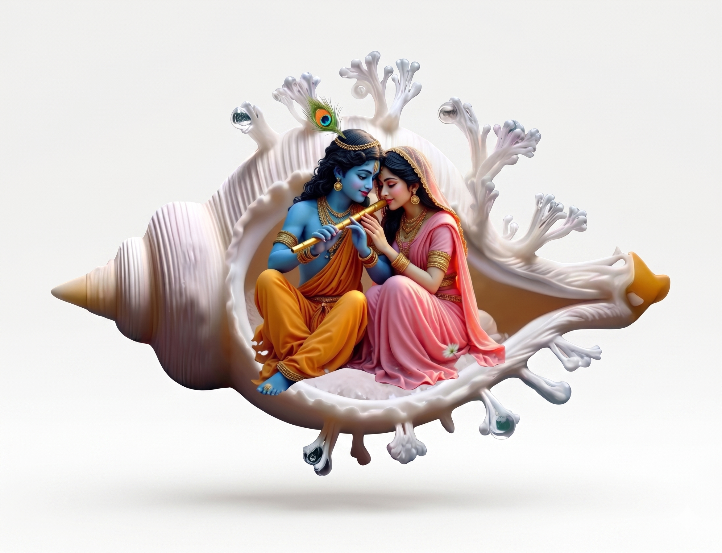Radha Krishna inside a seashell with coral on a white background
