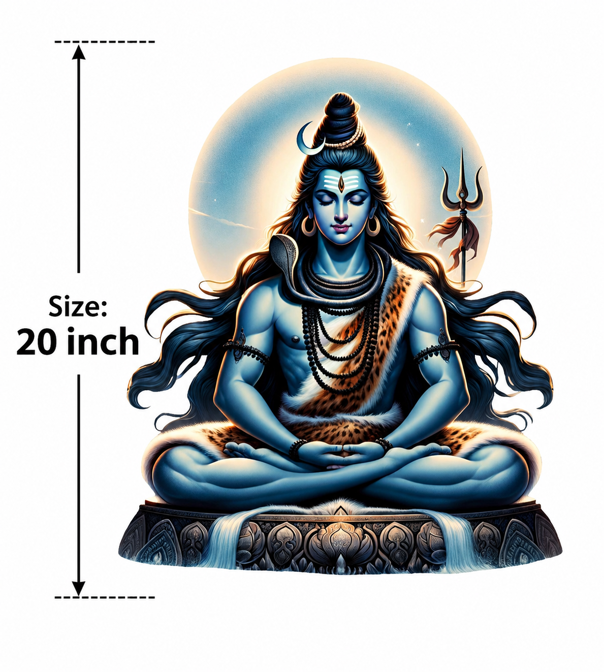 Statue of a seated Shiva with measurements indicating a size of 20 inches.
