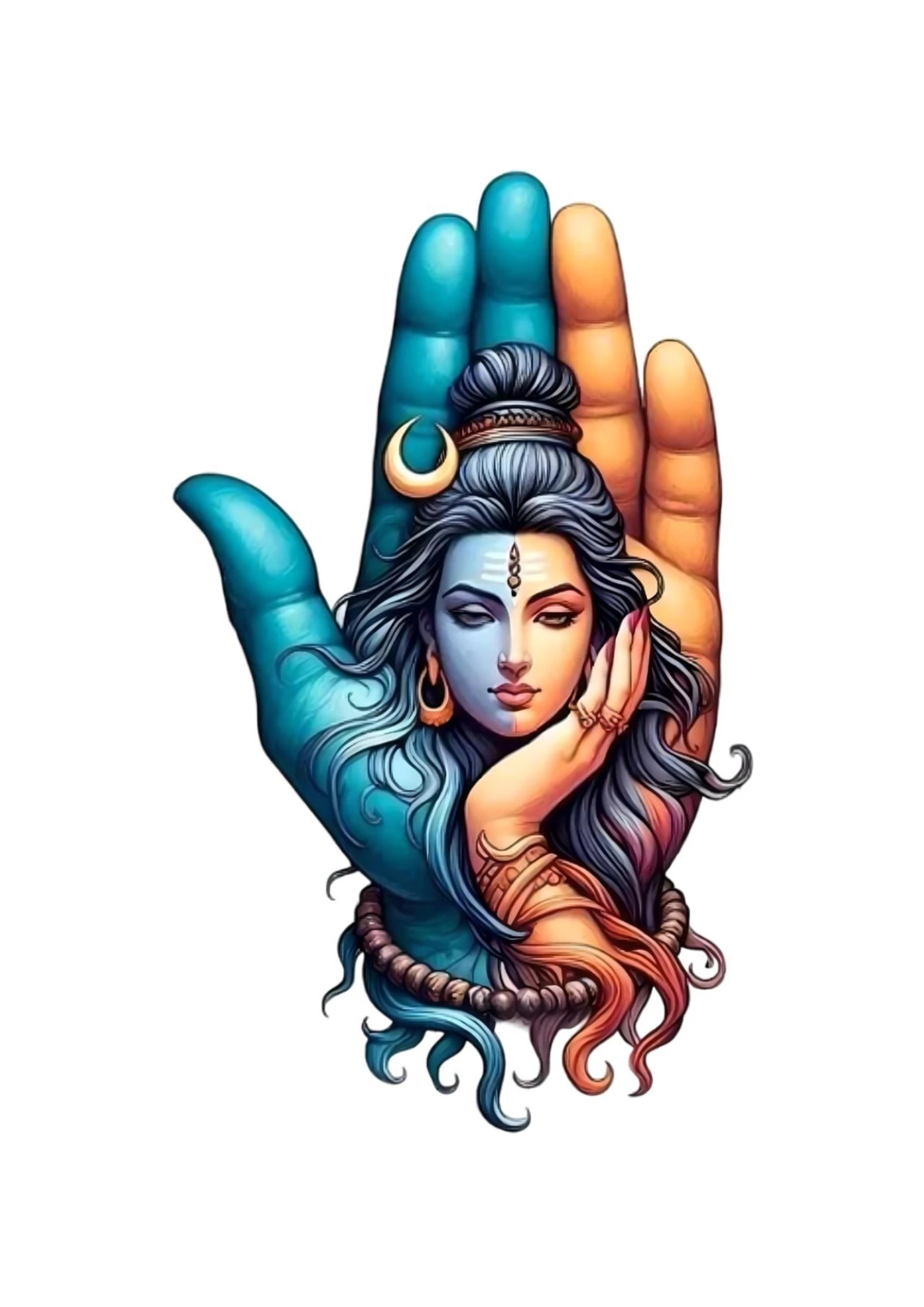 Illustration of a hand with a Lord Shiva and Goddess Parvati merged into a single face, coloured in blue and orange on a white background