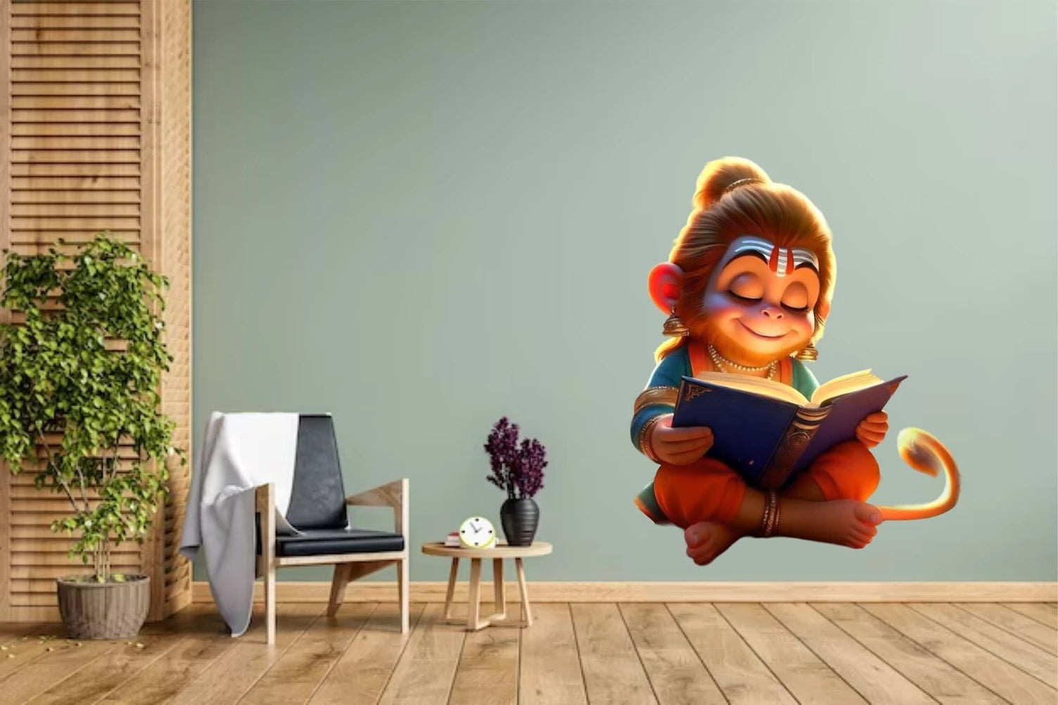 Wall decal of Hanuman reading a book in a room with plants and furniture.
