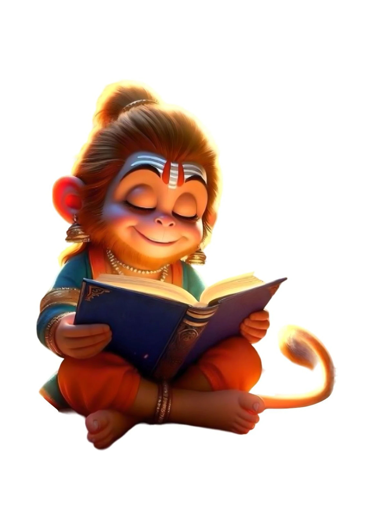 Animated Hanuman reading a book on a white background
