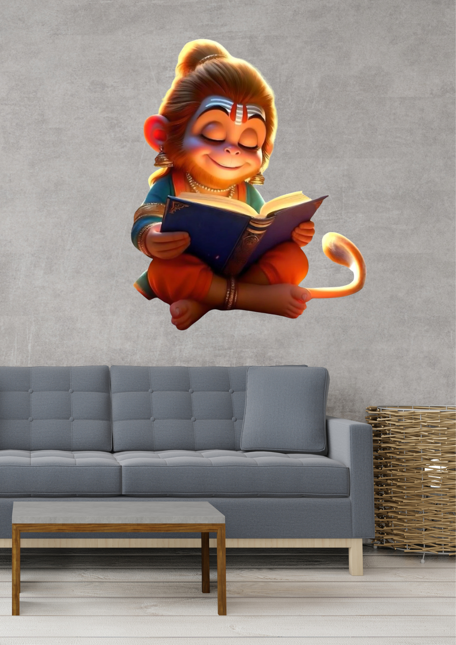 Animated Hanuman reading a book in a living room setting.