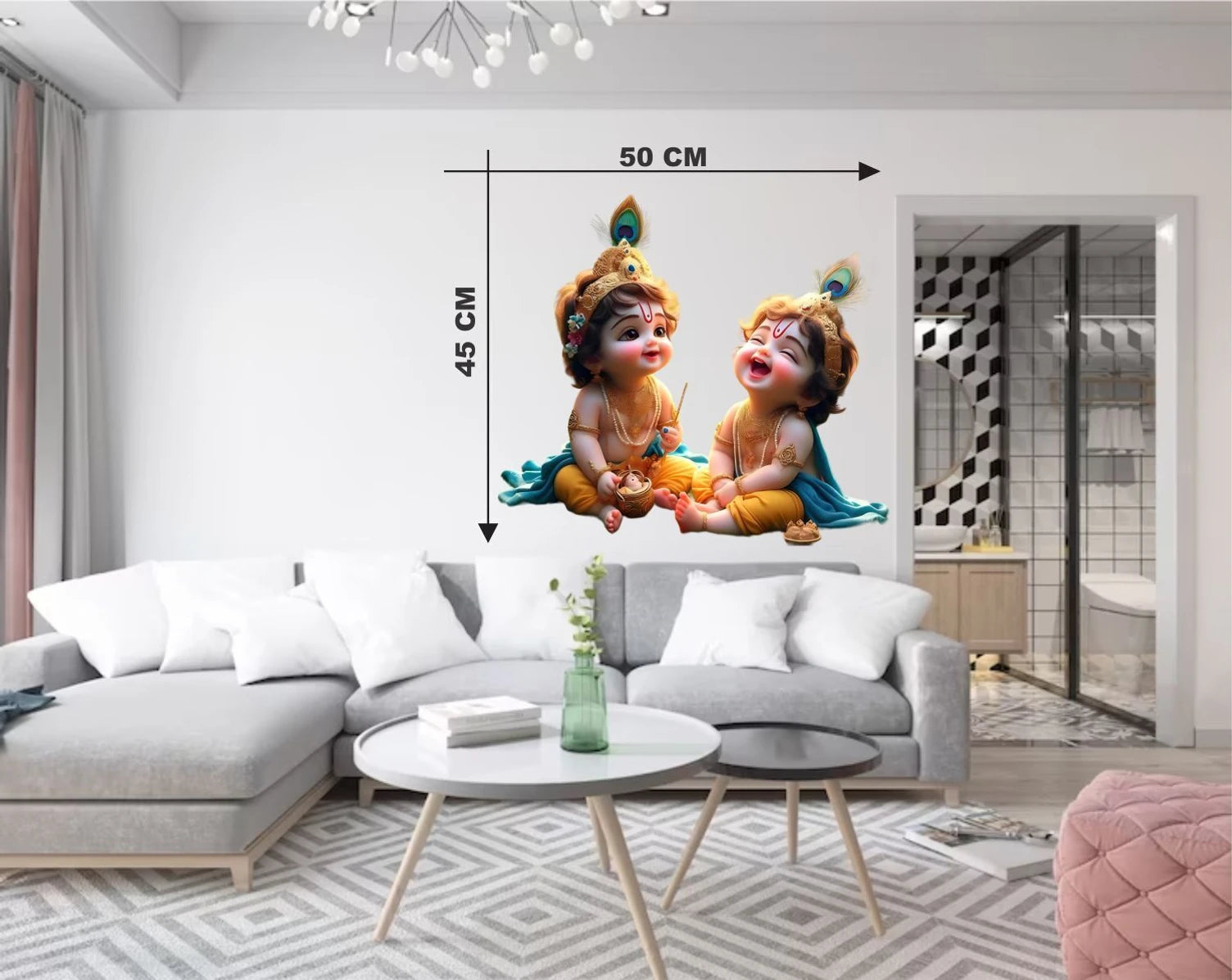 Living room with a sofa, coffee table, and decorative wall art of two Balkrishna with dimensions.