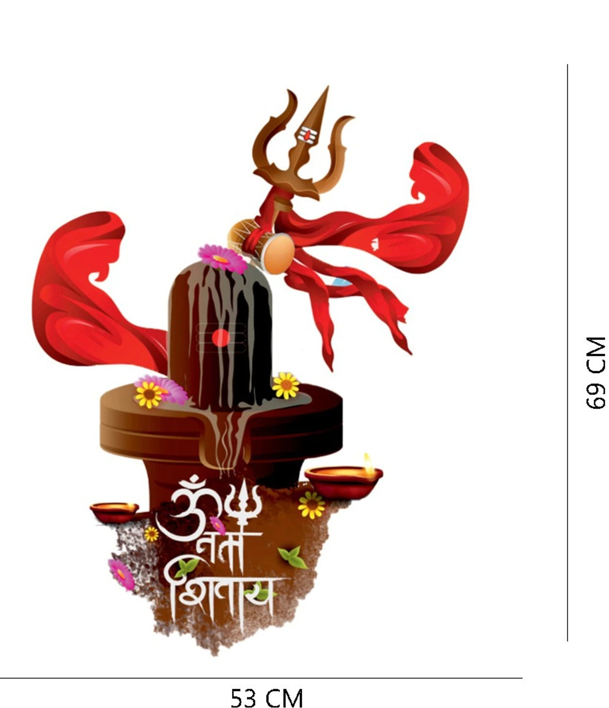 Decorative wall sticker of Shivling with red drapes and text, and dimensions 