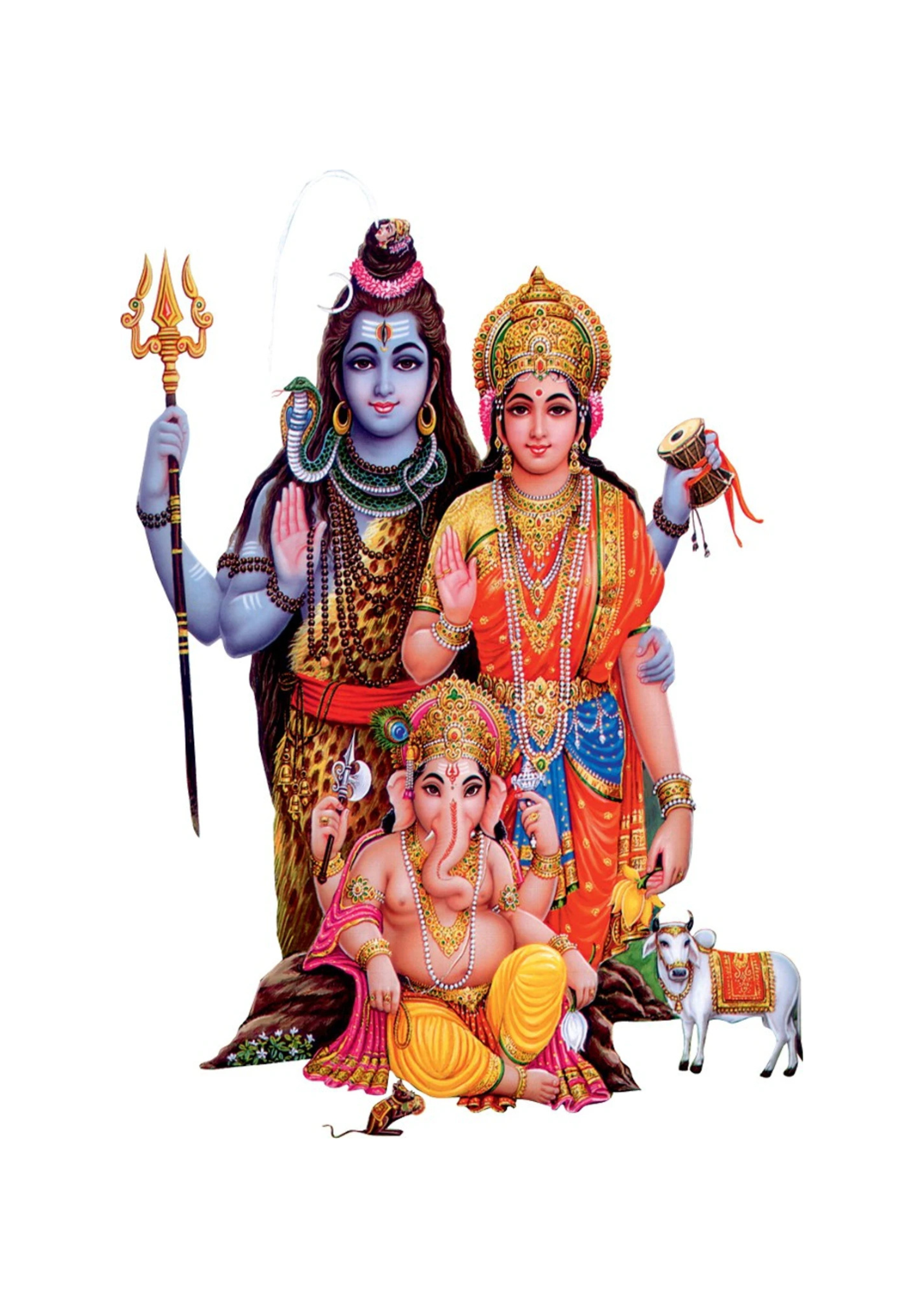 Shiv Parivar wall art featuring Lord Shiva, Goddess Parvati, and Lord Ganesha. High quality religious home decor sticker or poster design with traditional Hindu deity iconography including the trishul, damru, and Nandi bull.
