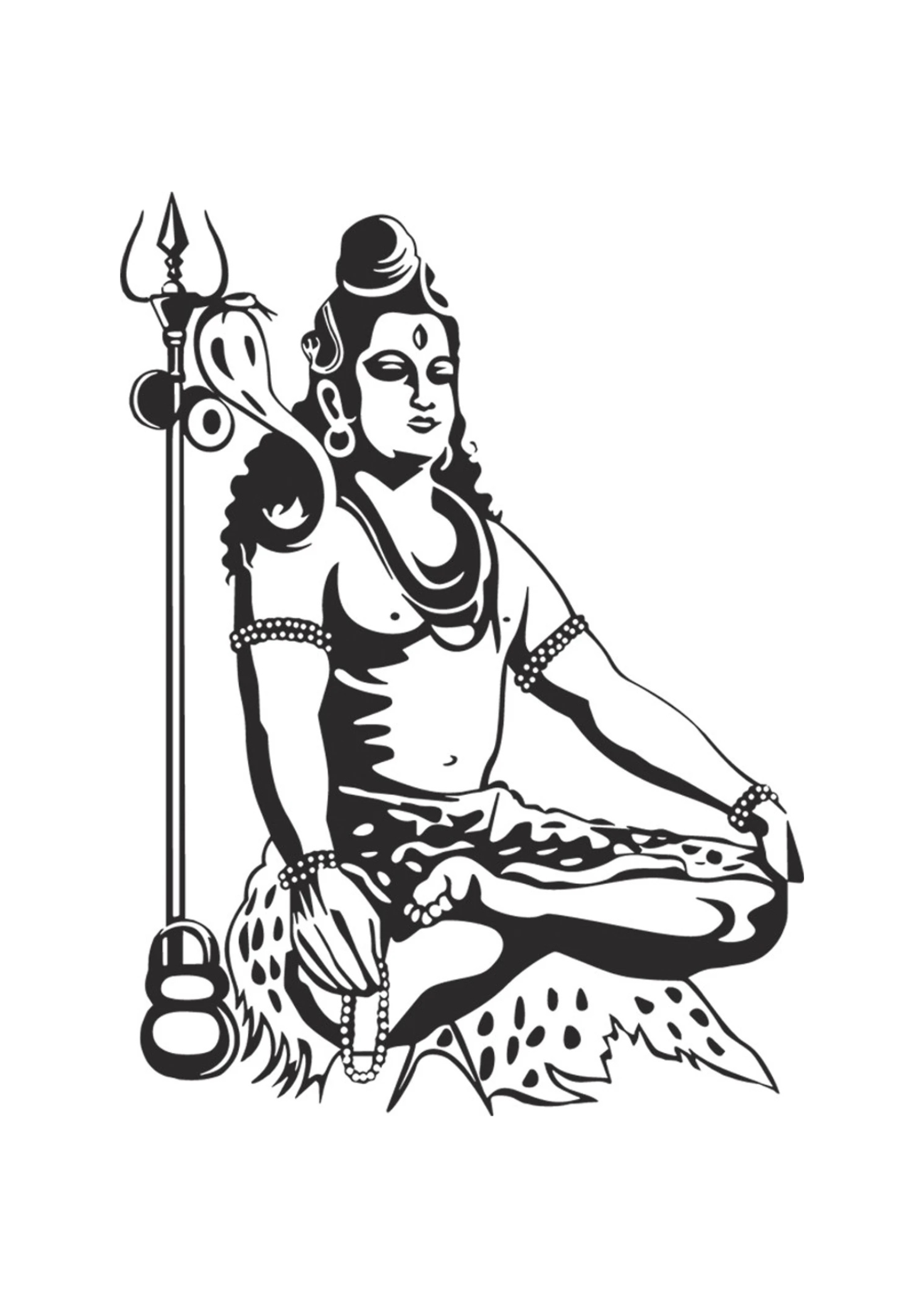 Black illustration of a seated Shiv with a trident on a white background