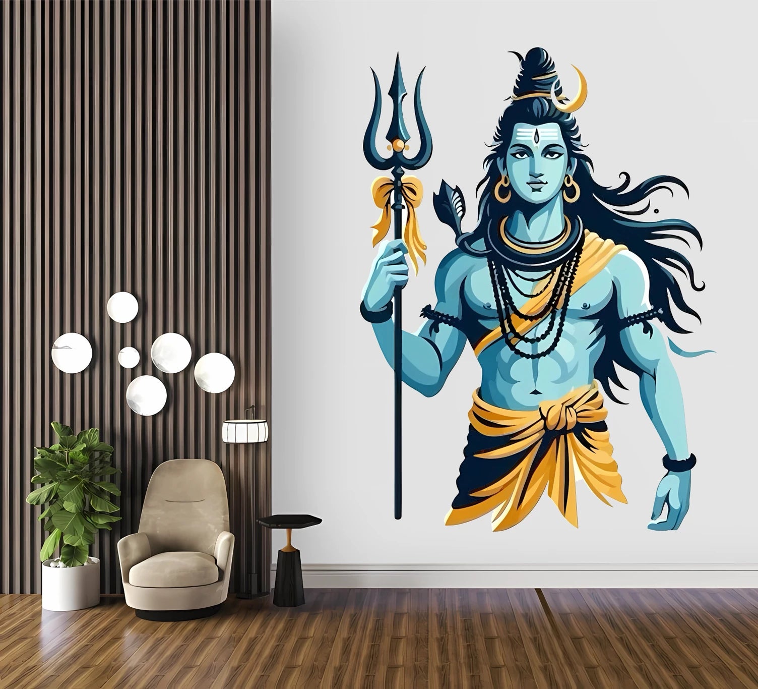 Wall decal of a Shiva with a trident in a living room setting.