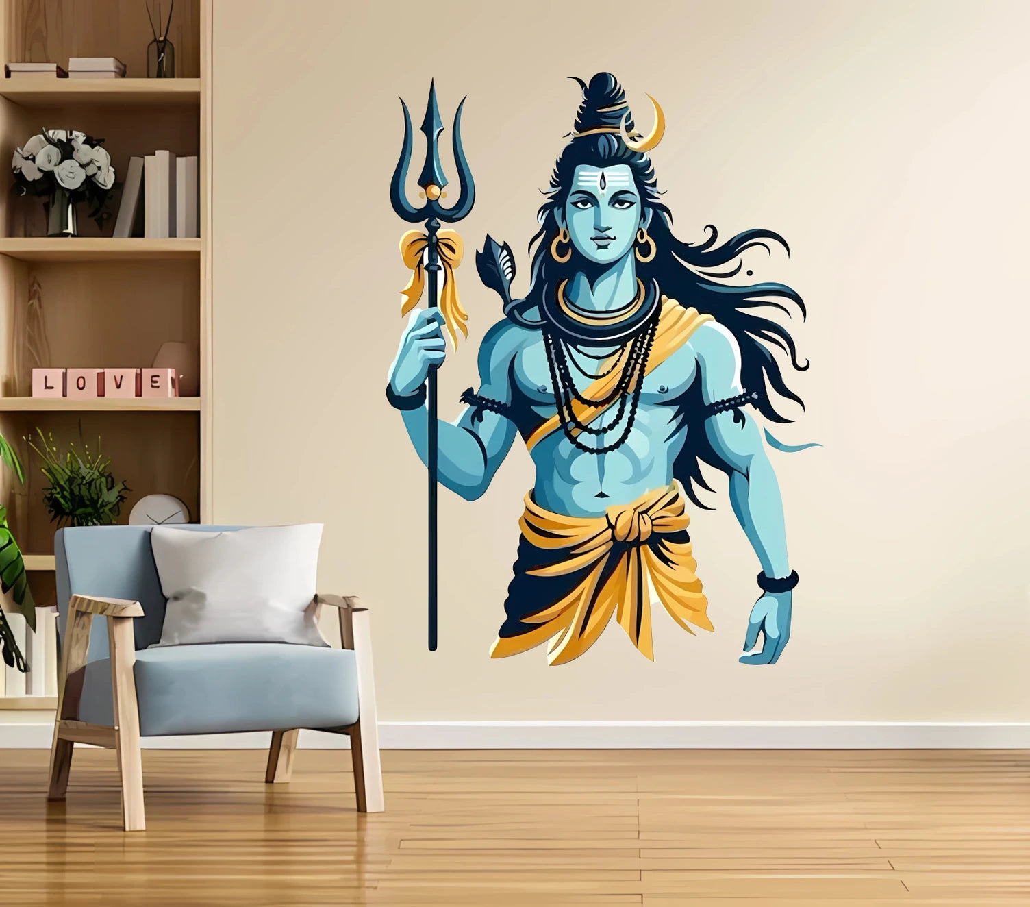 Wall decal of Shiva in a living room setting with a chair and bookshelf.