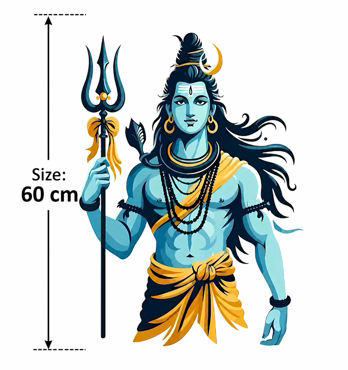 Illustration of a Shiva holding a trident with size measurement on a white background
