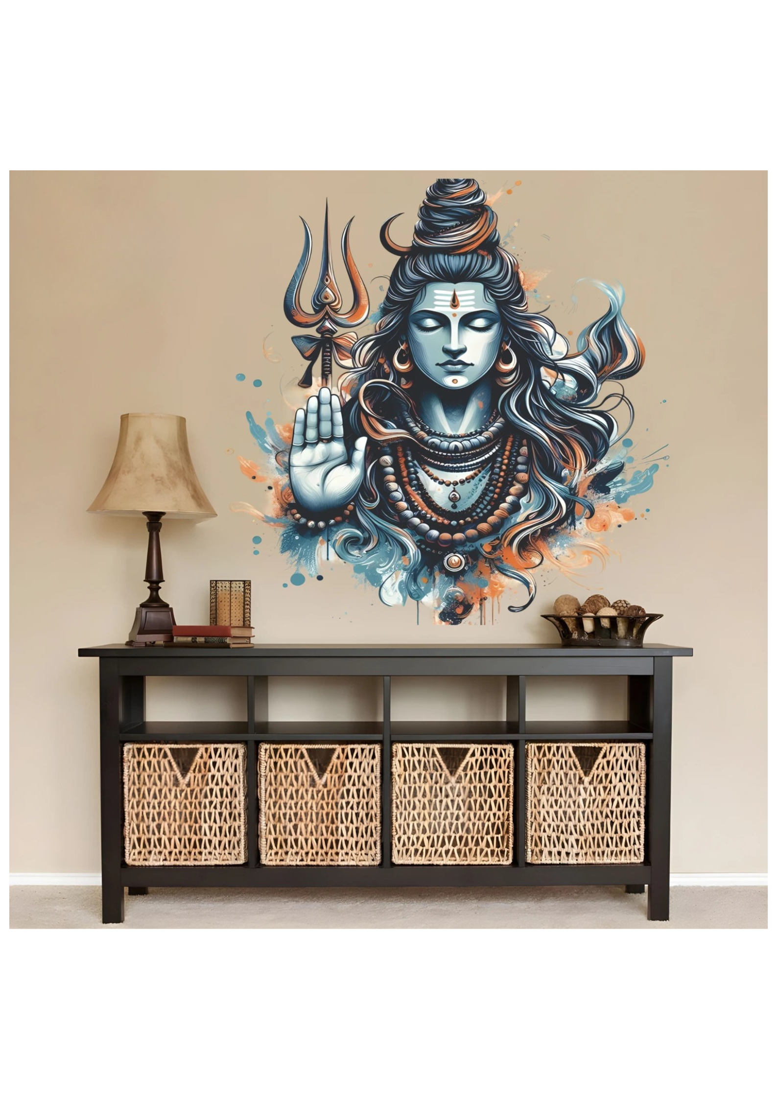 Decorative wall mural of Shiva above a console table with baskets.