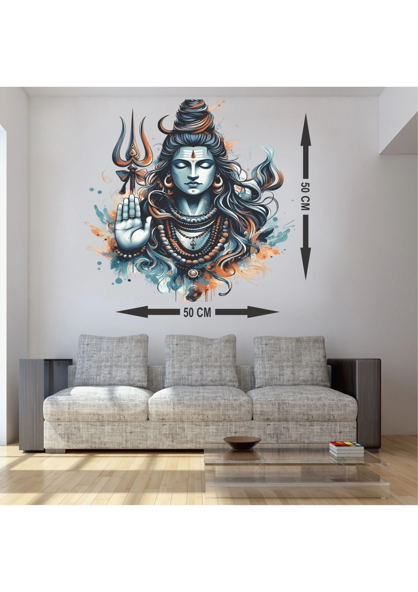 Wall decal of Shiva figure on a wall above a sofa