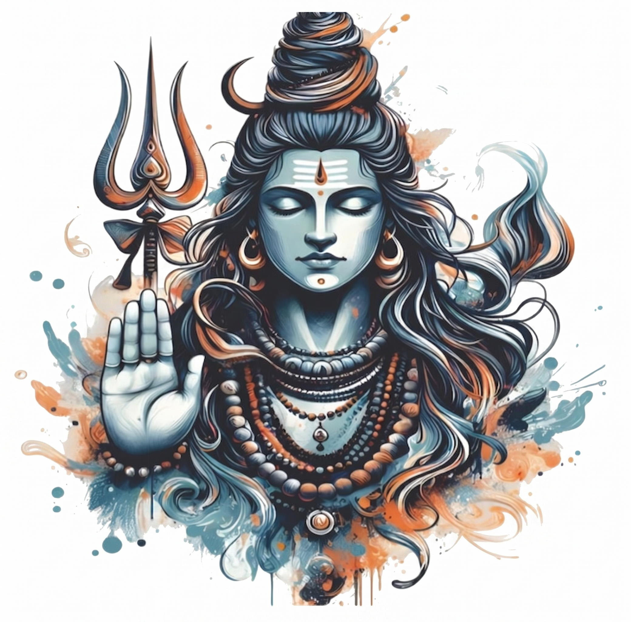 Colourful illustration of a Shiva with a trident on a white background