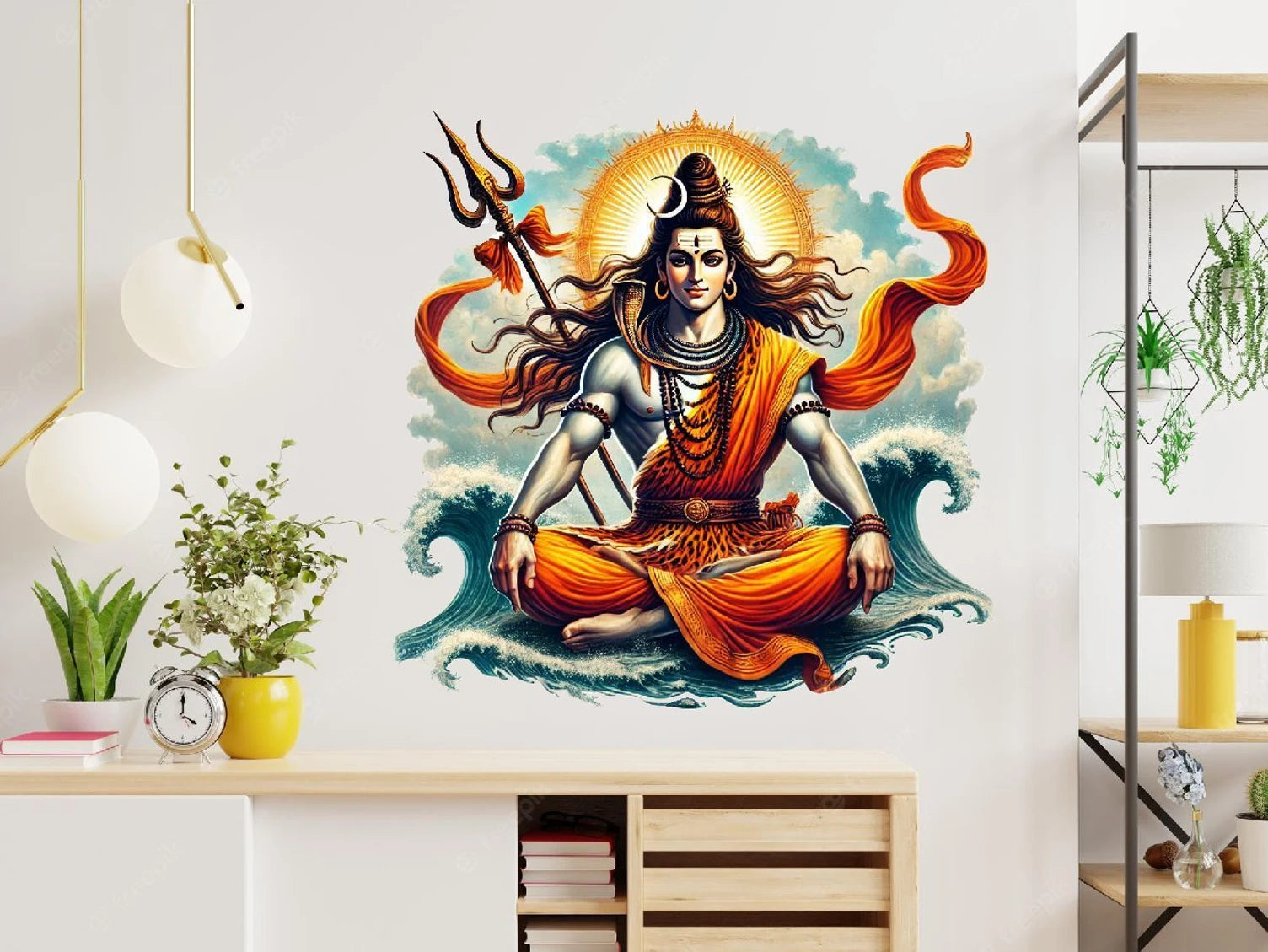 Wall decal of a seated Shiva with a trident on a wall in a room with decor elements.