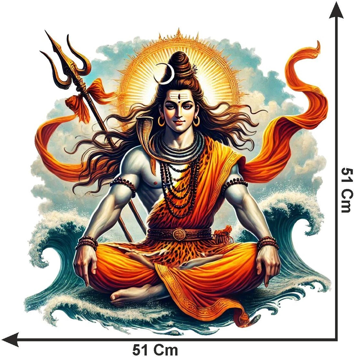 Colorful depiction of a seated Shiva with a trident and flames, sitting on water, with dimensions indicated.