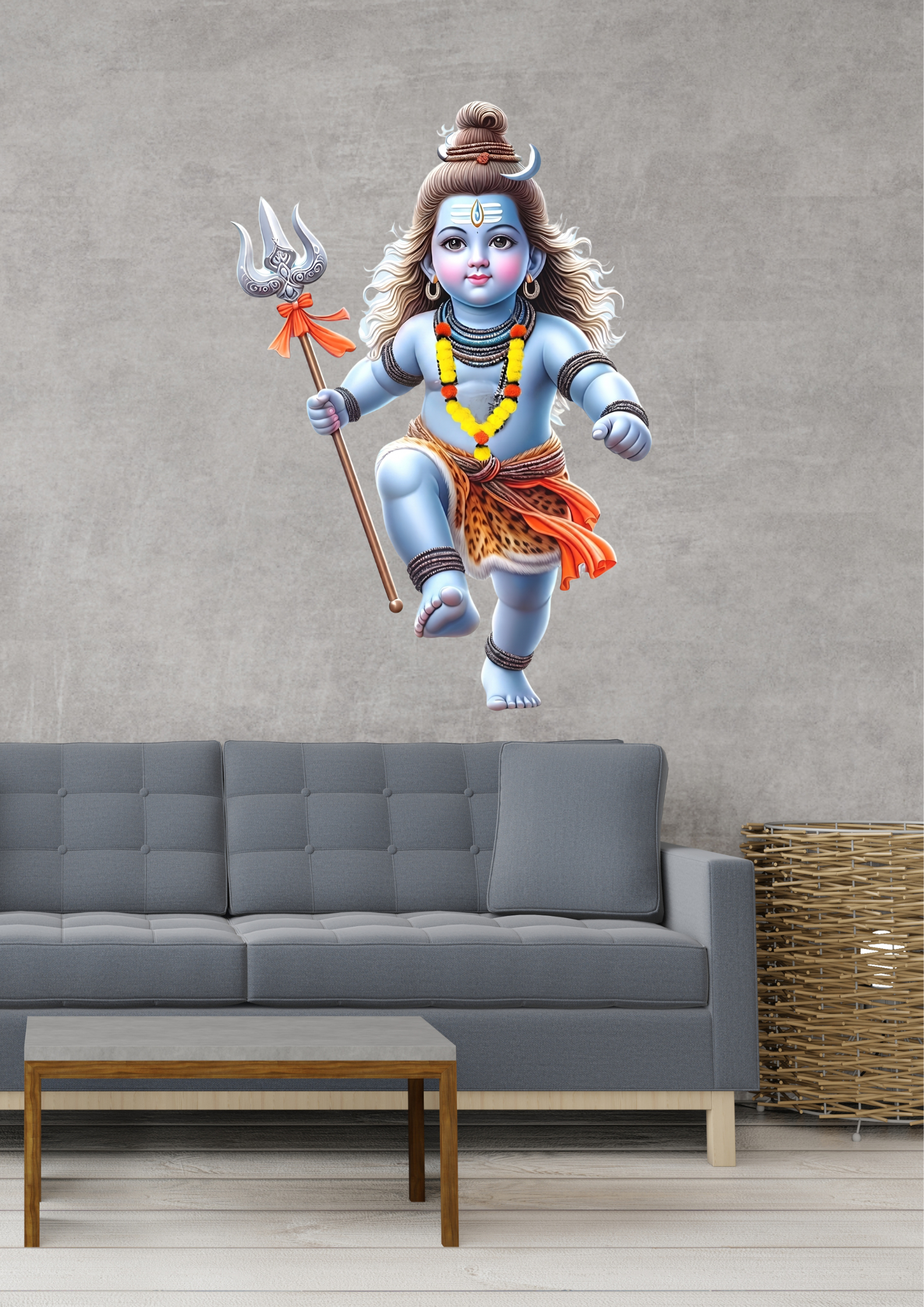 Wall decal of Mahadev in a living room setting