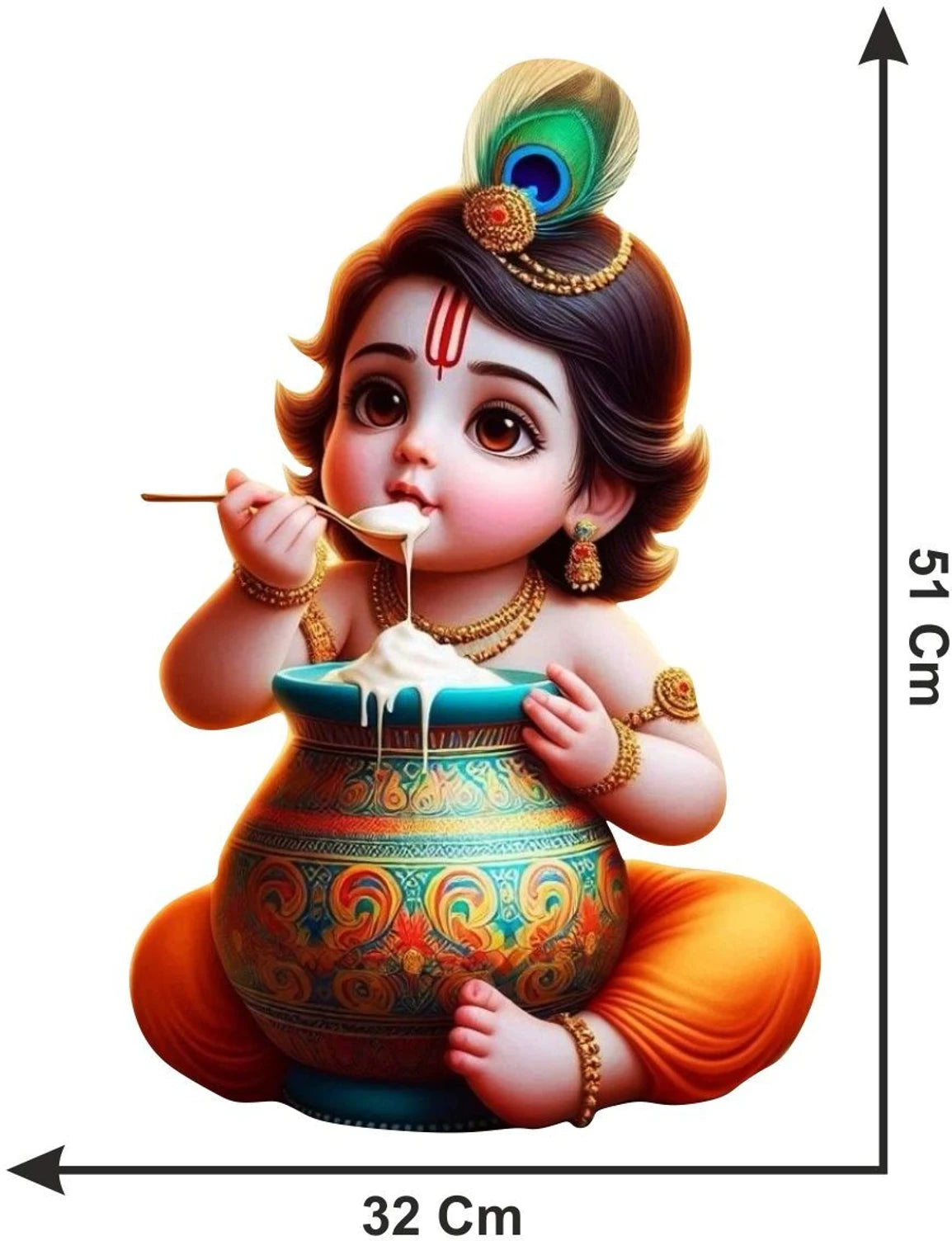 Illustration of Bal Krishna Eating Makhan and measurements on a white background