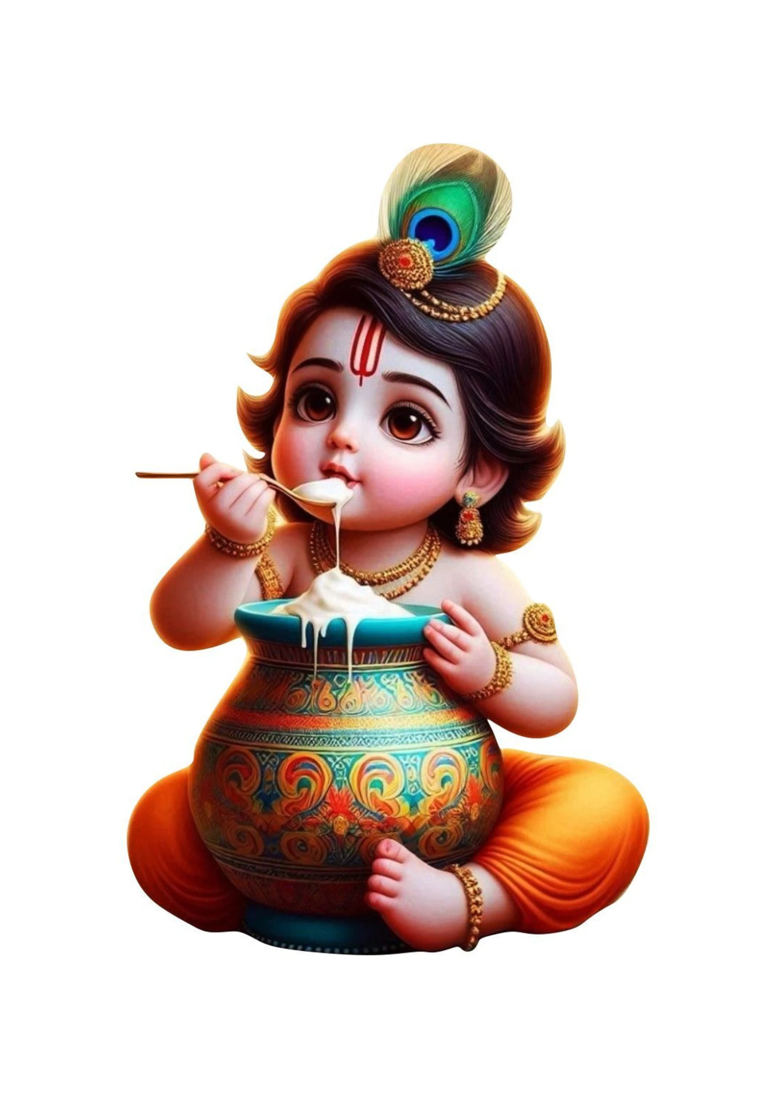 Colorful depiction of a Bal Krishna Eating Makhan on a white background