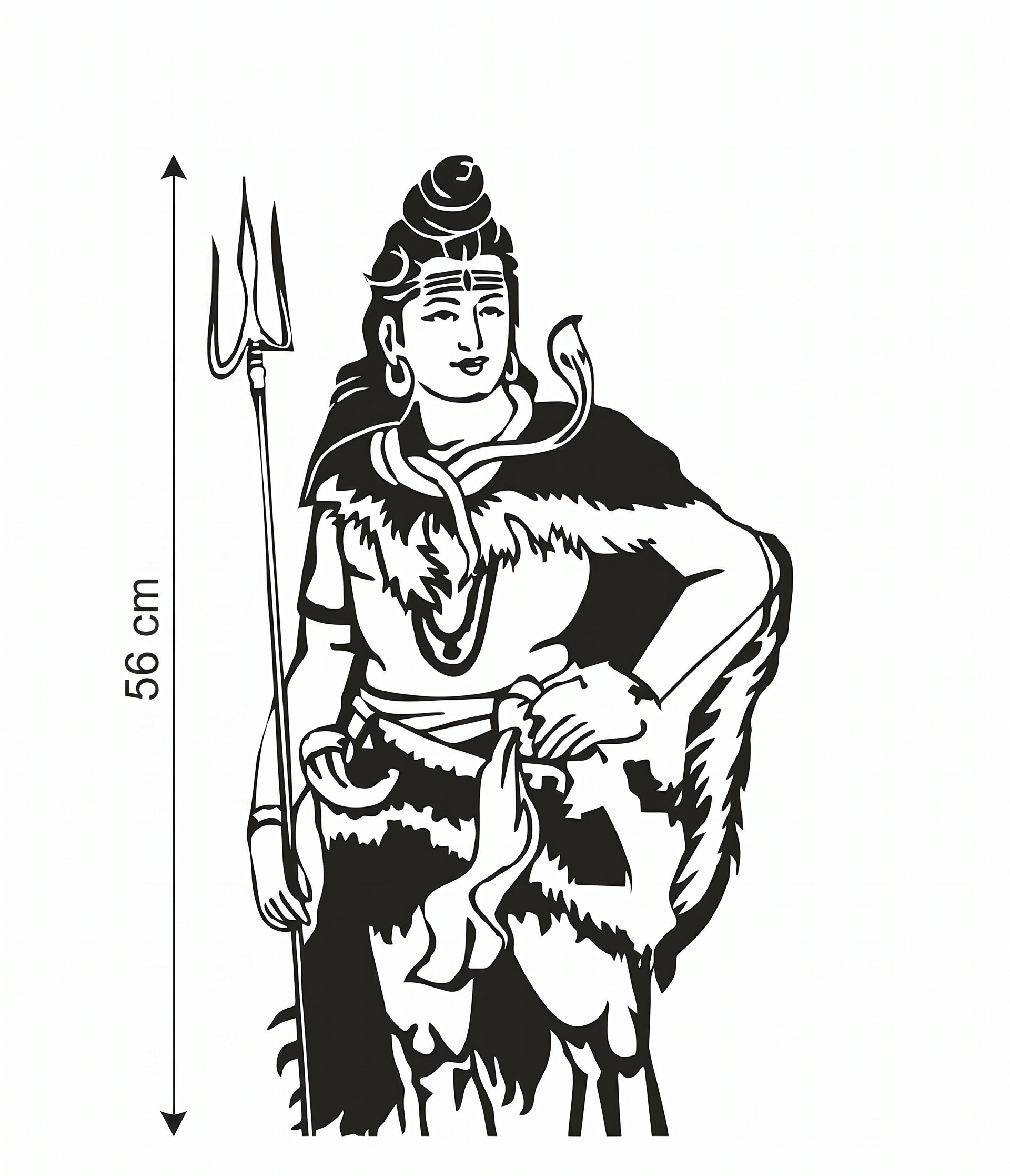 Black illustration of a Mahadev holding a trident, with dimensions indicated.