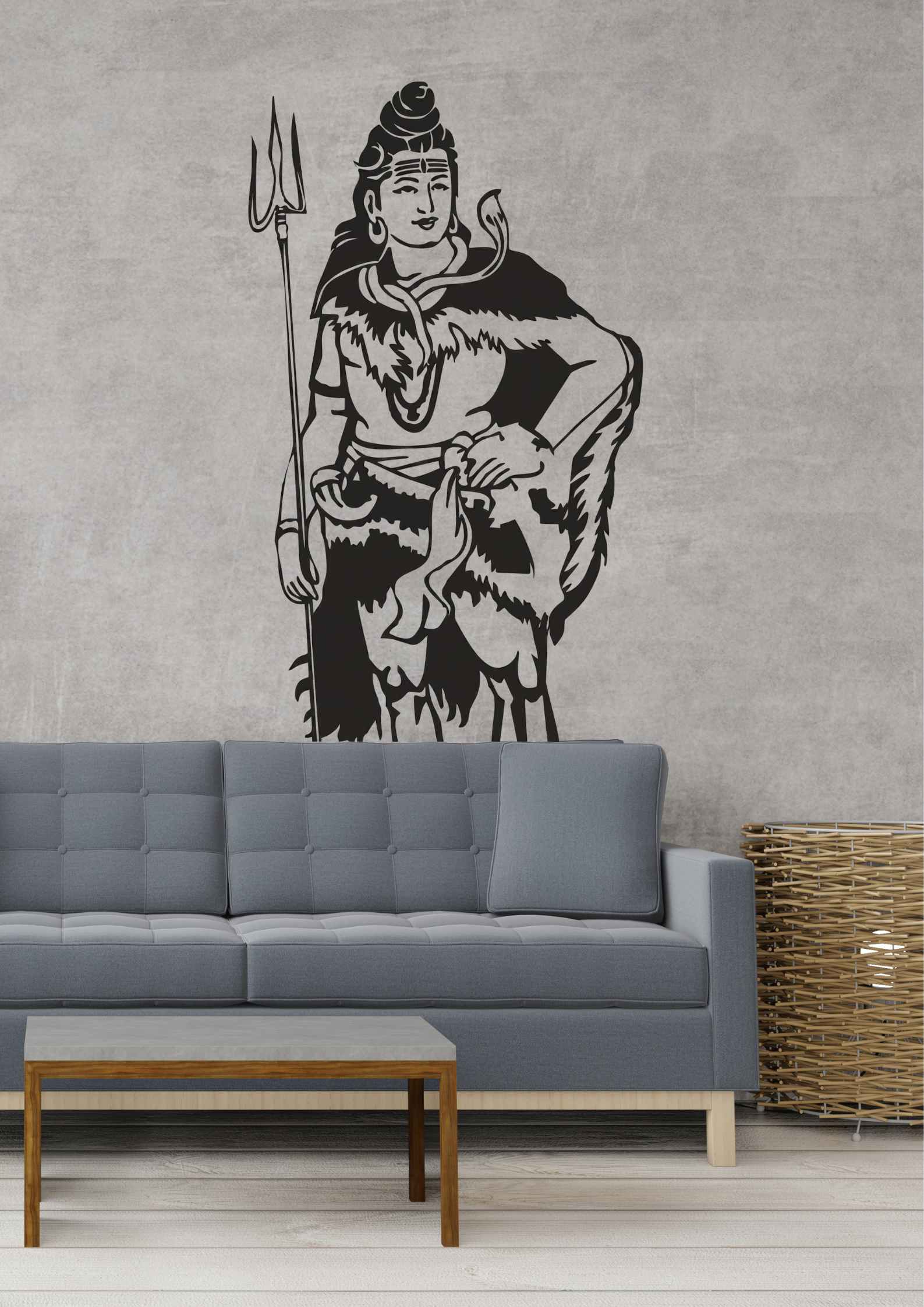 Wall decal of Shiva holding a spear on a gray wall above a sofa.
