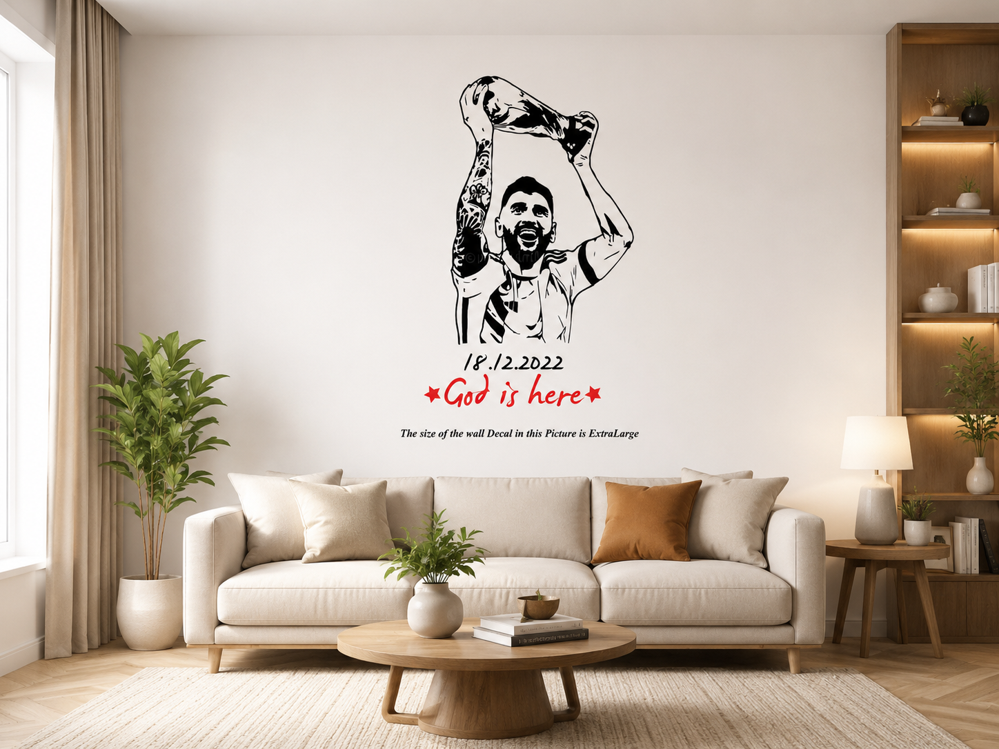 Living room with a large wall decal of a Messi and text, a sofa, coffee table, and decorative items.