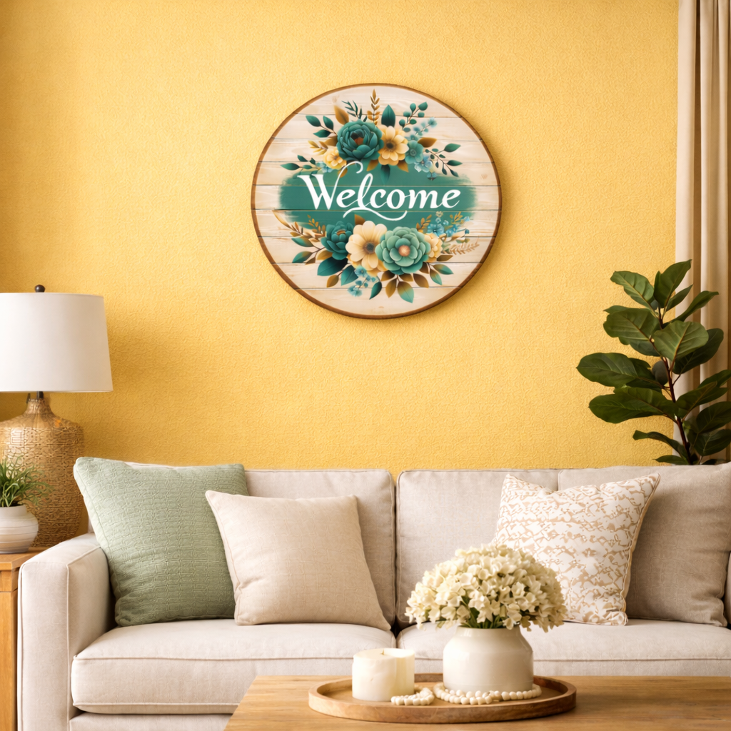 Welcome wall decor displayed in Living Room  