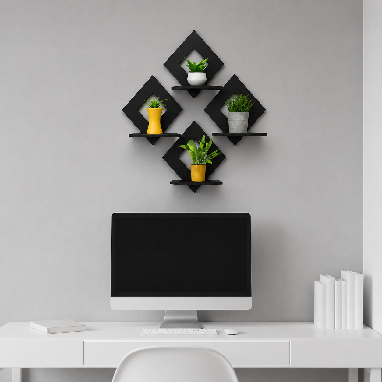 Wall-mounted geometric shelf with plants above a desk setup.