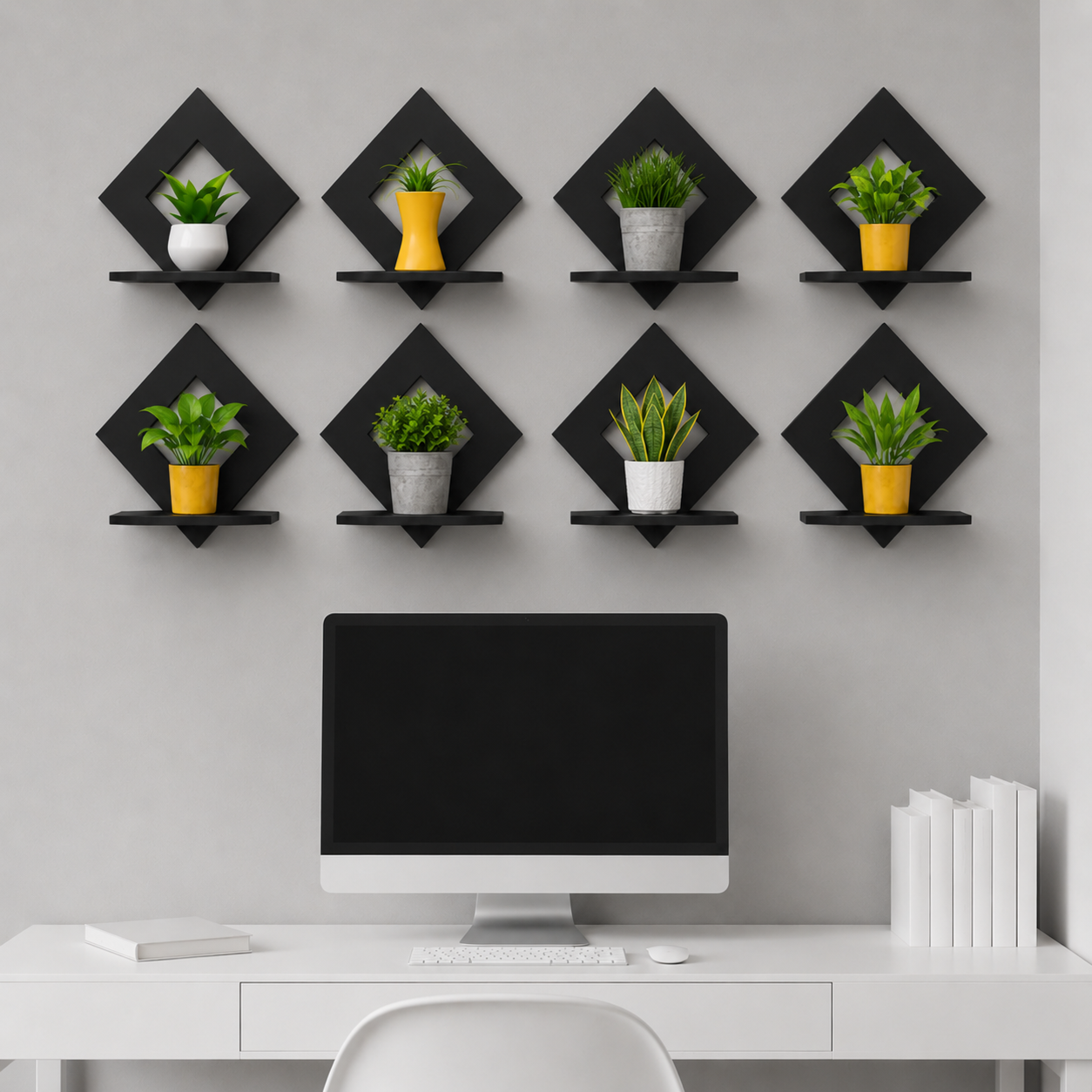 Wall with decorative black shelves holding potted plants above a desk with a computer setup.