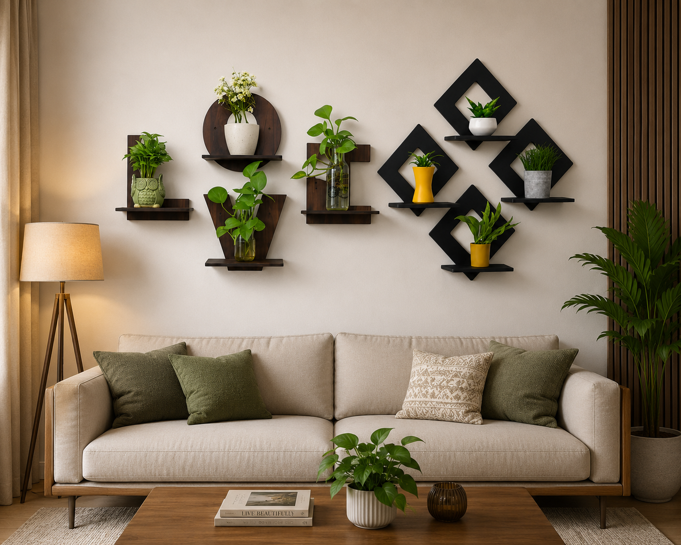 Living room with a beige sofa, decorative wall shelves with plants, and a lamp.
