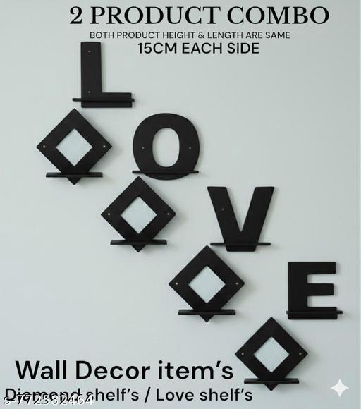 Black 'LOVE' wall decor items with shelves on a light gray background and dimension details
