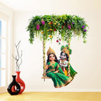 Majestic Radha Krishna Floral Jhoola Wall Sticker - Large 91 cm x 79 cm Spiritual Decal Premium Radha Krishna Swing Art for Living Room, Hall, and Festive Home Decor