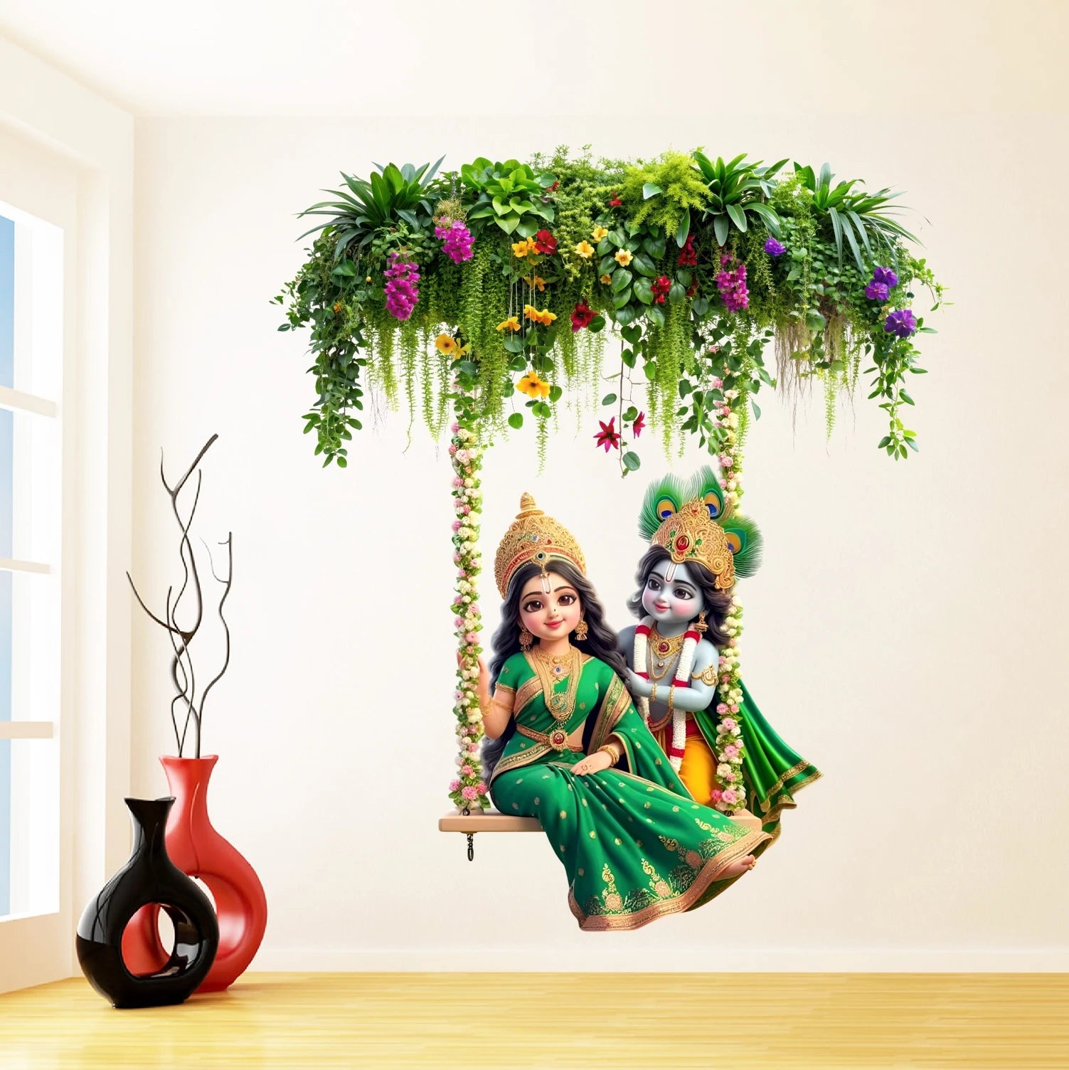 Majestic Radha Krishna Floral Jhoola Wall Sticker - Large 91 cm x 79 cm Spiritual Decal Premium Radha Krishna Swing Art for Living Room, Hall, and Festive Home Decor